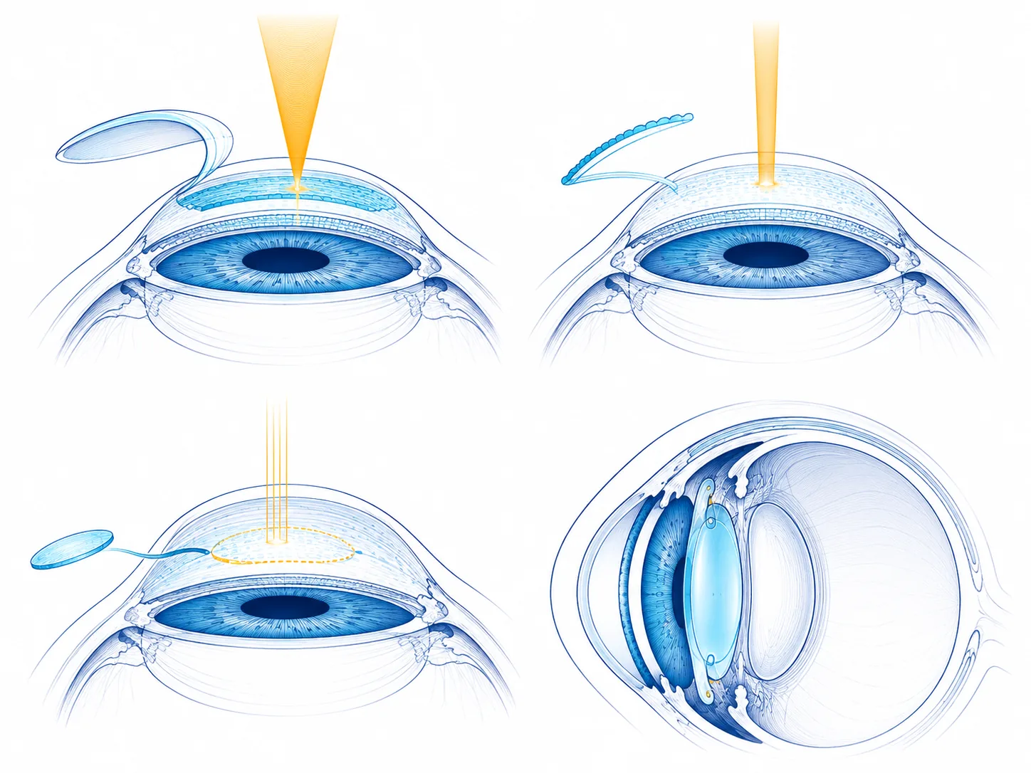 Anatomical illustrations of four vision correction procedures: LASIK, PRK, SMILE, and ICL
